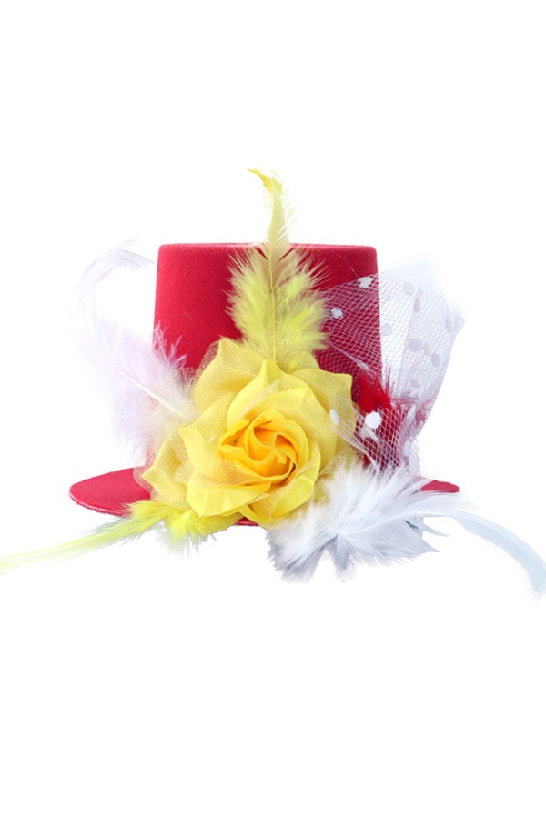 Mini hoedje rood/wit/geel met roos, veren en bolletjes gaas op speldjes